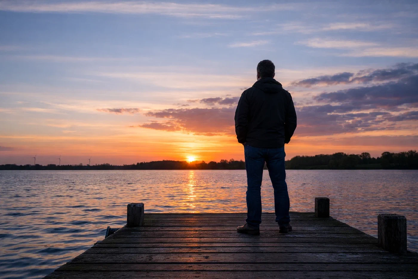 Man kijkt uit over het water bij zonsondergang, symbolisch voor reflectie en vooruitkijken