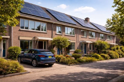 Solar panels on a roof in a residential neighborhood in Leeuwarden