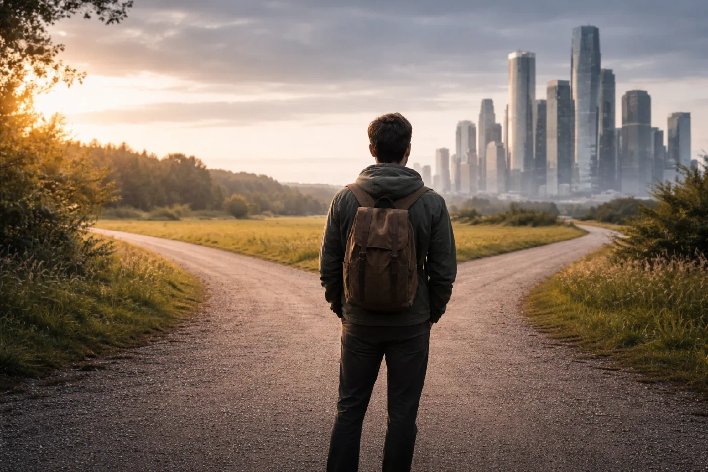 Persoon op kruispunt tussen natuur en stad bij zonsondergang