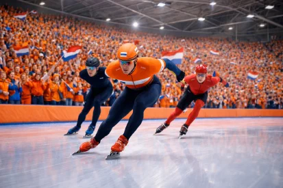 Speed skating competition in an indoor arena with Dutch skaters and orange-clad supporters in the stands.