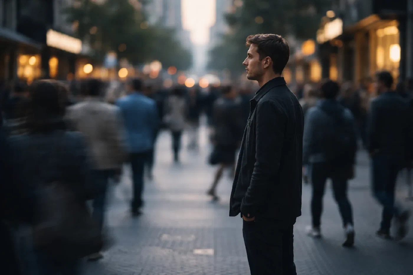 Persoon staat stil in een drukke omgeving met bewegende mensen eromheen