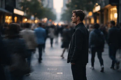 Persoon staat stil in een drukke omgeving met bewegende mensen eromheen