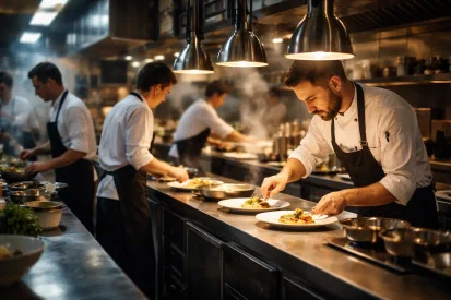 Professionele keuken waarin meerdere koks samenwerken tijdens een drukke service