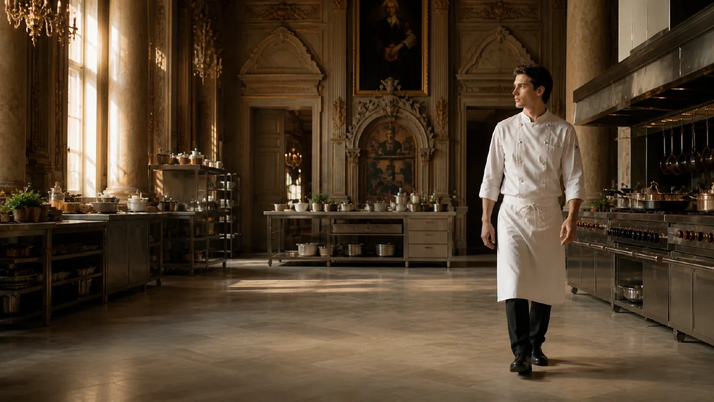 Chef searching for ingredients in a historic kitchen