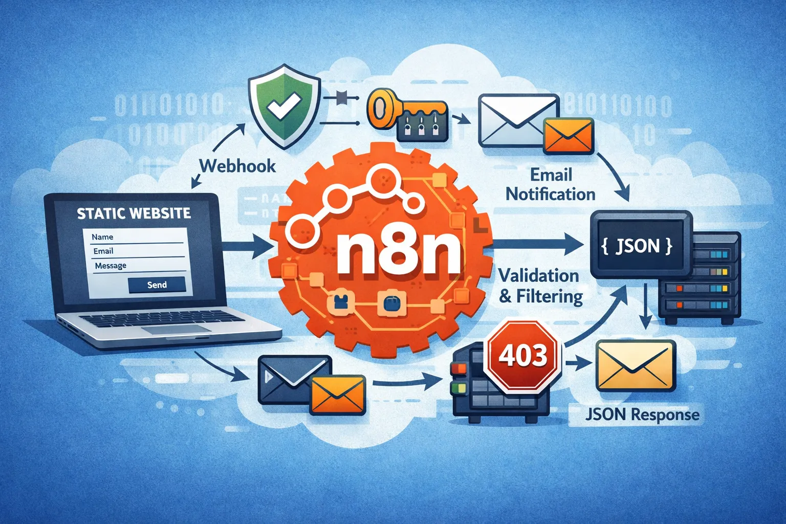 Schema van een contactformulier dat via n8n webhook wordt verwerkt