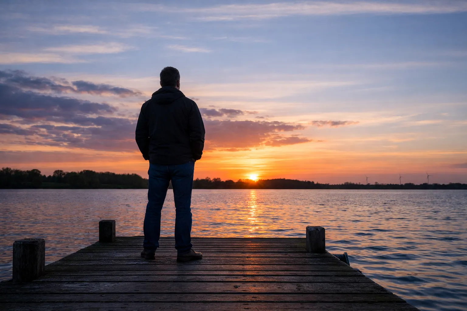 Man kijkt uit over het water bij zonsondergang, symbolisch voor reflectie en vooruitkijken