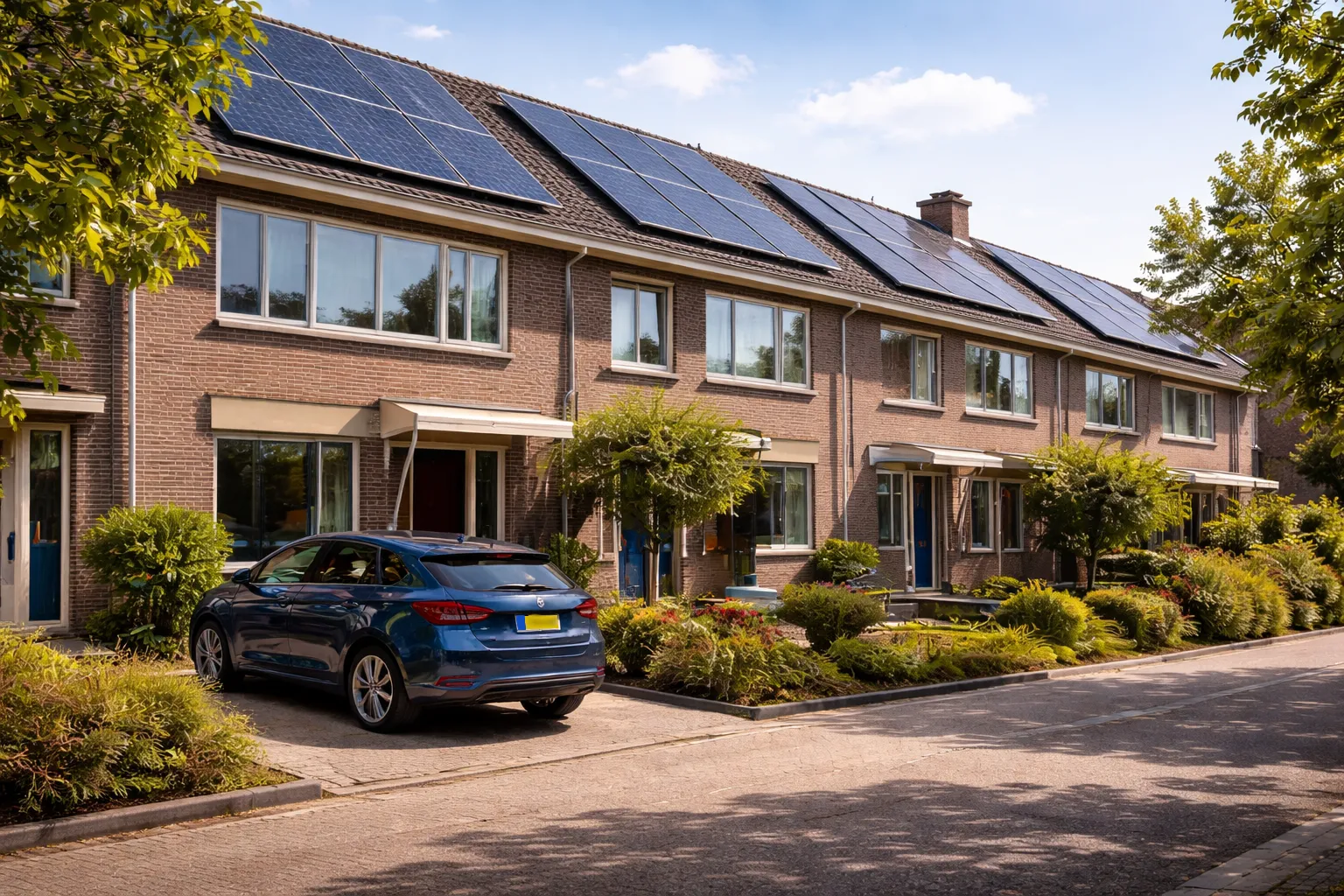 Zonnepanelen op een dak in een woonwijk in Leeuwarden