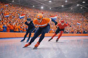 Schaatswedstrijd in een ijshal met Nederlandse schaatsers en oranje supporters op de tribunes.