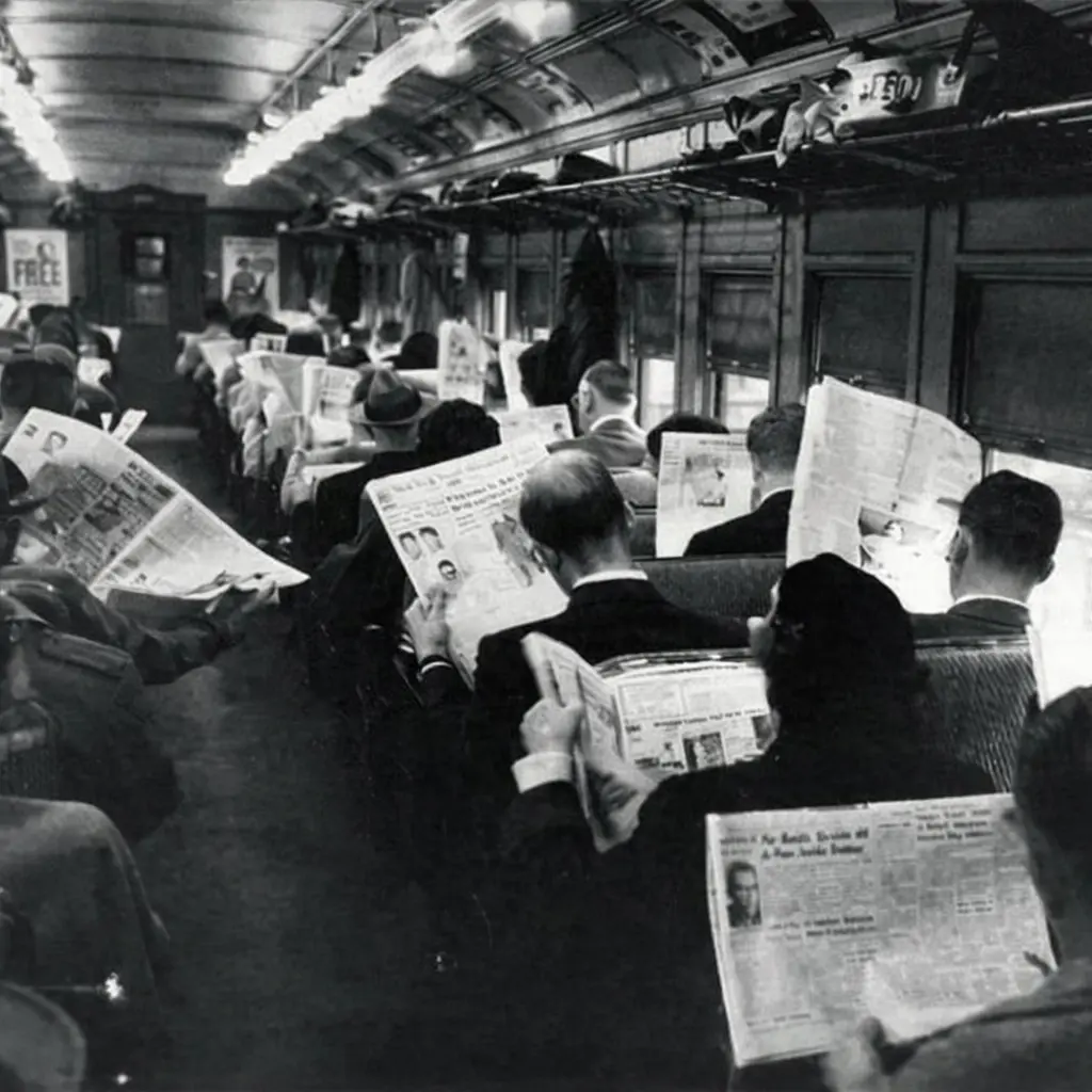 Een volle trein in de jaren '50, iedereen zit een krant te lezen en praat niet met elkaar.